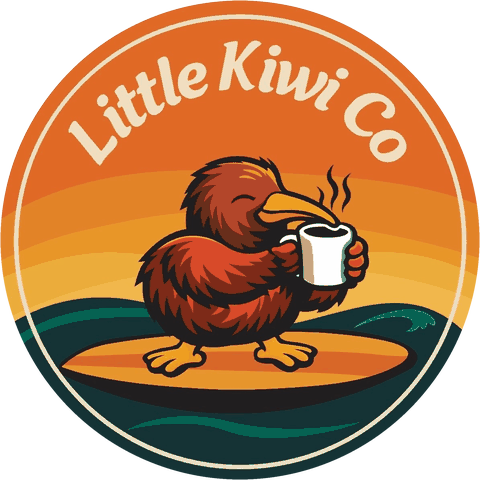 Little Kiwi Co — a kiwi bird on a surfboard holding a coffee